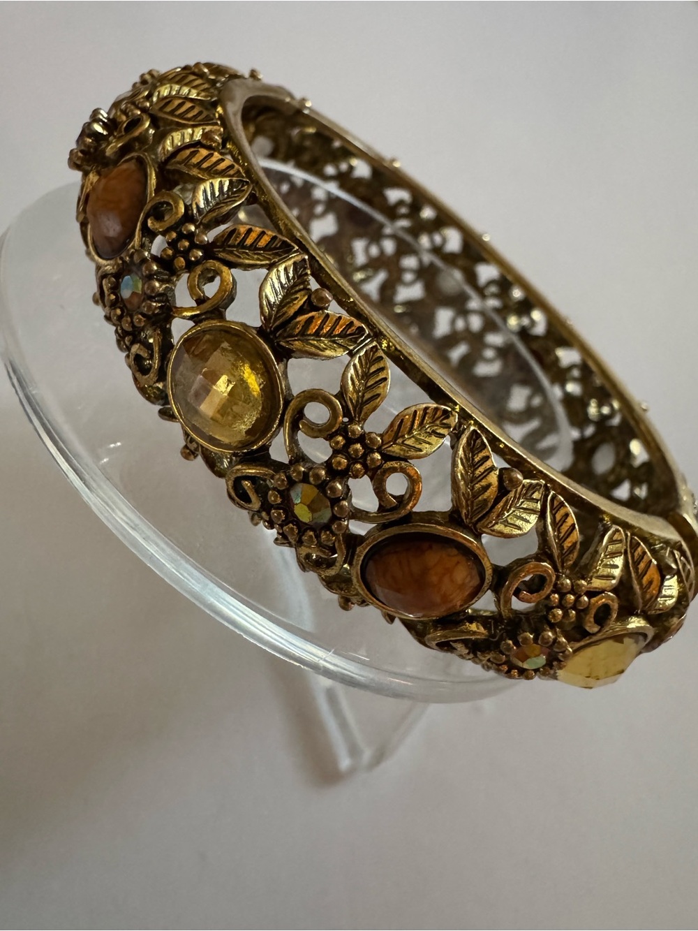 Gold-Tone Floral Leaf Bracelet with Amber and Citrine Stones
